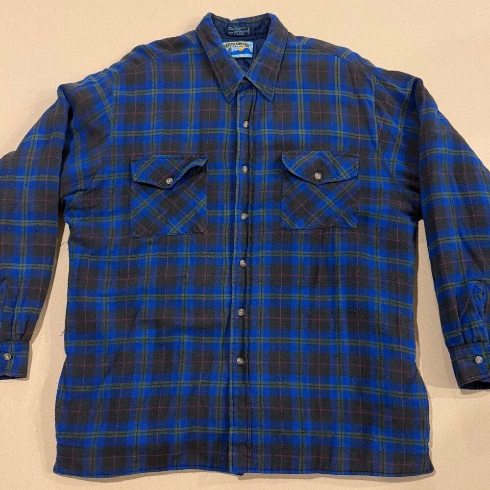 Vintage 90’s Blue Plaid Flannel Shirt Jac Quilt Insulated Grunge XL Shaver Lake